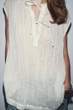 ZW COLLECTION LINEN BLOUSE WITH TIED DETAILS - Zara фото 3