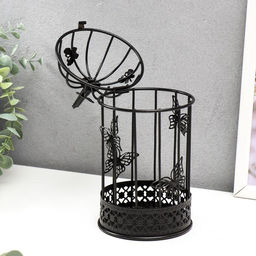Металлический подсвечник-фонарь 1 свеча «Птица и клетка с бабочками», чёрный, 21.5×10×10 см
