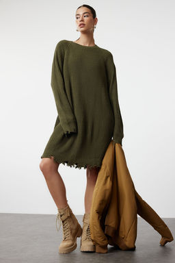 TRENDYOLMILLA Haki Mini Triko Genis Kal?p Ak?tma Detayl? Duz Elbise TWOAW24EL00113 фото 20