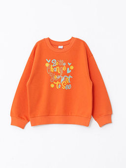 Bisiklet Yaka Bask?l? Uzun Kollu K?z ?ocuk Sweatshirt