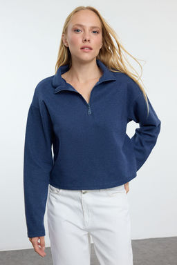 Indigo Selanik/Triko Gorunumlu Fermuarl? Yaka Regular/Normal Kal?p Orme Sweatshirt TWOAW22SW0732