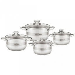 Zeidan Набор посуды из нержавеющей стали 8 предметов: кастрюли 5,7л д24см, 3,4л д20см, 2,5л д18см, 1,7л д16см, стеклянные крышки, ручки металлические, комбинированная полировка снаружи, матовая полировка внутри, 5-ти степовое капсулированное индукц