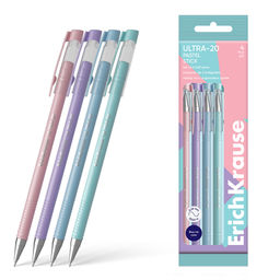 Цена за 12 шт. Набор из 4 ручек шариковых ErichKrause ULTRA-20 Stick Pastel 0.7, Super Glide Technology, цвет чернил синий (в пакете)