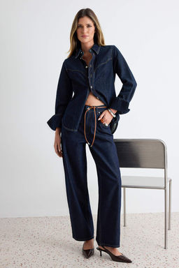Koyu Mavi Kemer Detayl_ Y_ksek Bel Barrel Jeans TWOAW27JE00109