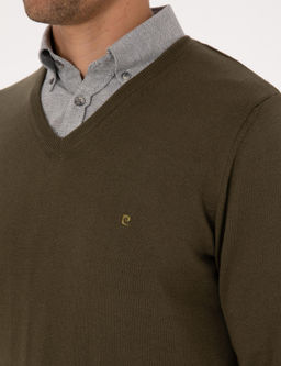 Koyu Haki Slim Fit V Yaka Basic Triko Kazak - Pierre cardin фото 7