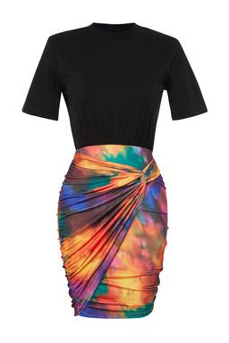 Siyah Limited Edition Desenli Buzgulu Anvelop Esnek Orme Mini Elbise TWOSS24EL00561