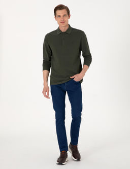 Koyu Ye_il Slim Fit K_vr_lmaz Polo Yaka Basic Pike Sweatshirt