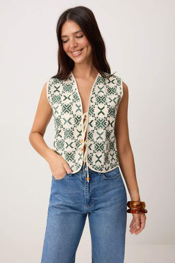 Yesil Geometrik Desenli Nak?sl? Dokuma Yelek TWOSS26YE00043