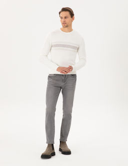 Ekru Slim Fit Bisiklet Yaka Triko Kazak