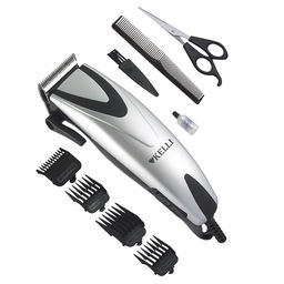 Машинка для стрижки волос "Kelli" 4 съемных гребня: 3, 6, 9, 12мм, лезвия из нержавеющей стали, рычаг перемещения лезвия, защитная крышка для режущих лезвий, расческа, ножницы, масленка, щетка для чистки лезвий, петелька для подвешивания, мощность: 2