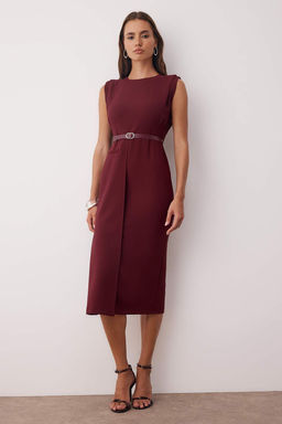 Bordo Kemer Detayl? Dokuma Midi Elbise TWOAW26EL00078