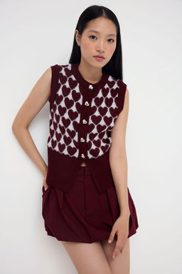 Teen Bordo Sakal/Yumos Iplik Kar?s?ml? Kalp Desenli Triko Yelek TWOAW26YE00012