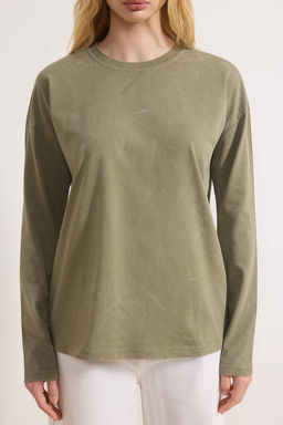 Haki Kal?n Pamuklu Eskitme Efektli Relaxed Kal?p Bisiklet Yaka Uzun Kol Orme T-Shirt TWOAW24TS00006