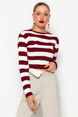 Bordo Crop Basic Cizgili Triko Kazak TWOAW23KZ00034