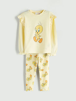 Bisiklet Yaka Tweety Bask?l? F?rf?rl? K?z Bebek Bluz ve Tayt 2li