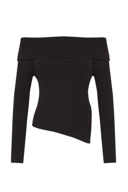 Siyah Premium Iplik/Ozel Iplik Carmen Yaka Triko Kazak TWOAW26KZ00064