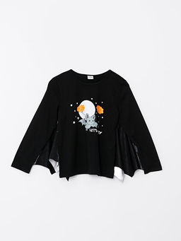 Bisiklet Yaka Renk De?i?tiren Bask?l? Uzun Kollu K?z ?ocuk Ti??rt - Waikiki фото 2