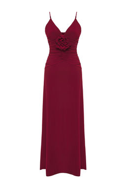 Bordo Gul Detayl? Orme Maxi S?k Abiye Gece Mezuniyet Elbisesi TPRSS25AE00180