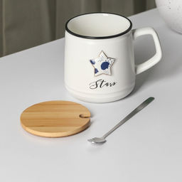 Кружка керамическая с крышкой и ложкой Звезда, 350 мл, цвет белый - Simaland фото 3