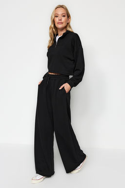 Siyah Kal?n Extra Wide Leg Yuksek Bel Orme Esofman Alt? Pantolon TWOAW24EA00043