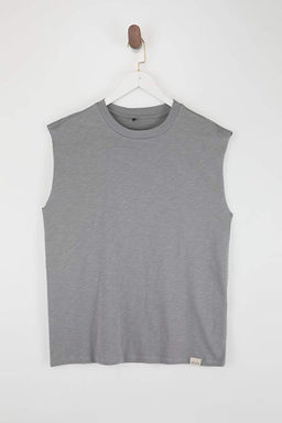 Gri Oversize/Geni_ Kesim Basic Etiketli %100 Pamuk Kolsuz T-shirt/Atlet