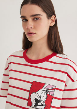 Bugs Bunny Bask?l? Cizgili K?rm?z? Tisort - Mavi фото 4