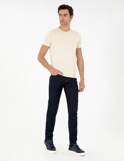 Ekru Slim Fit Bisiklet Yaka %100 Pamuk Triko T-shirt