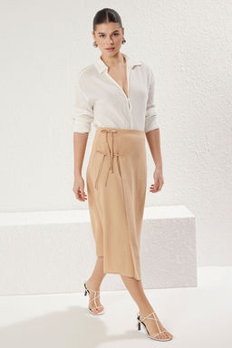 TRENDYOLMILLA Koyu Bej Yandan Bagc?k Detayl? Keten Gorunumlu Maxi Boy Dokuma Etek TWOSS25ET00083 фото 3