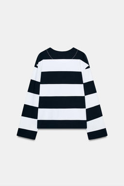 CAMISETA RAYAS ETIQUETAS / Marino / Blanco