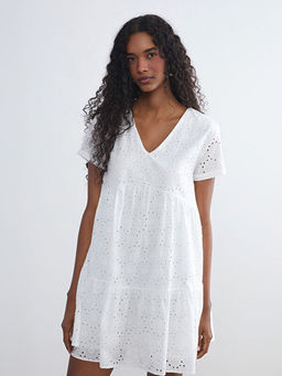 V Yaka Ajurlu Katkat B?zg?l? Brode Elbise