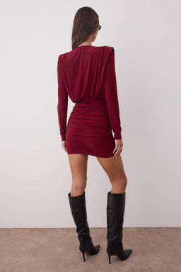 Bordo Vatkal? Drapeli Fitted/Vucuda Oturan Mini Esnek Orme Kalem Elbise TWOAW24EL00821