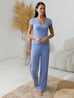 Футболка Vilatte с V-вырезом из хлопка с эластаном голубая  фото 4