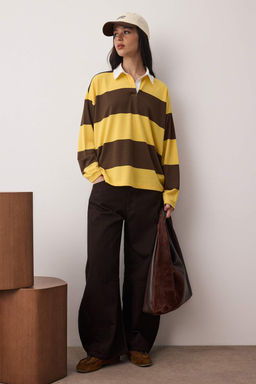 Sar? Cizgili Polo Yaka Oversize/Genis Kal?p Orme Sweatshirt TWOAW26SW00051