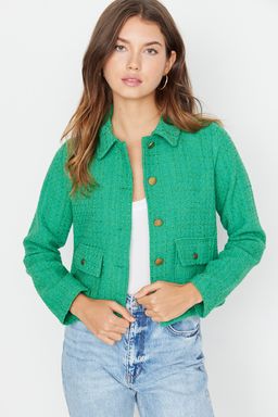 Yesil Fitted Cep Detayl? Ekose Crop Dokuma Ceket TWOAW23CE00140