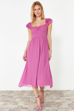 Fusya Belden Ac?lan Sifon Astarl? Midi Dokuma Elbise TWOSS24EL00541