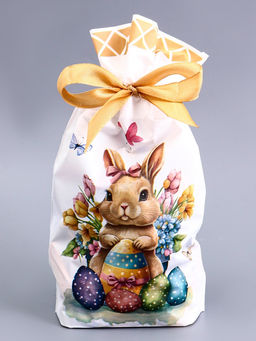 Цена за 50 шт. Пакет полиэтиленовый подарочный «Заяц с цветами», с завязками, 15×23 см МИКС