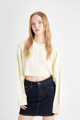 Женский крутой плетеный трикотажный свитер стандартной посадки с круглым вырезом и волосами - Defacto фото 3