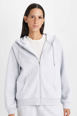 Relax Fit Kapusonlu Cepli Basic Duz Fermuarl? Sweatshirt - Defacto фото 6