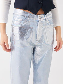 Y?ksek Bel Mom Fit Kad?n Metalik Jean Pantolon