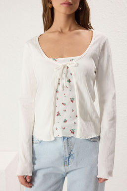 Trendyolmilla Ekru 2Li Bluz H?rka Tak?m Pointel/Dokulu Kumas Vucuda Oturan Esnek Orme Bluz TWOSS25BZ00417  фото 2