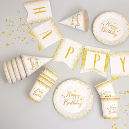 Посуда одноразовая бумажная для праздника Happy Birthday, 6 тарелок, 6 стаканов, 6 колпаков, гирлянда
