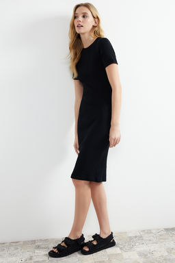 Siyah Bisiklet Yaka Fitilli Esnek Orme Midi Kalem Elbise TWOSS24EL00486 - Trendyolmilla фото 3