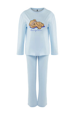 Trendyolmilla Mavi %"00 Pamuklu Ay?c?k ve Slogan Bask?l? Orme Pijama Tak?m? THMAW25PT00186