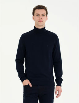 Lacivert Slim Fit Bal_k__ Yaka Basic Triko Kazak