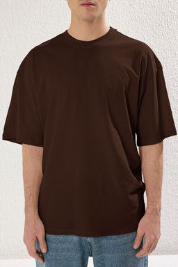 TRENDYOL MAN Kahverengi Oversize/Genis Kesim Dokulu Basic %100 Pamuklu Tok Kumas T-shirt TMNSS25TS00058 - Trendyolmilla фото 15