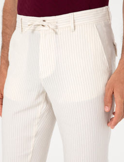 Ekru Slim Fit _izgili Keten Kar___ml_ Spor Pantolon