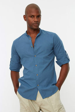 Indigo Basic Hakim Yaka Apoletli Slim Fit Uzun Kollu Keten G_r_n_ml_ G_mlek TMNSS20GO0188 - Trendyolmilla фото 2