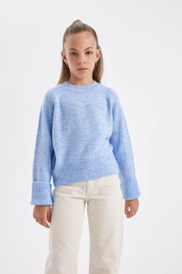 K?z Cocuk Bisiklet Yaka Basic Duz Triko Kazak