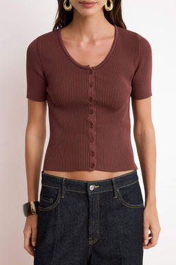 Kahverengi More Sustainable Basic V Yaka Bluz TWOSS26BZ00504 - Trendyolmilla фото 3