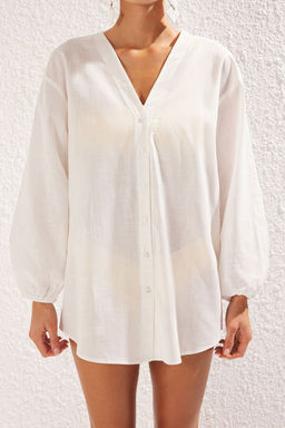 TRENDYOLMILLA Ekru Dokuma Balon Kollu Keten Gorunumlu Plaj Gomlegi TBESS25GO00013  фото 4